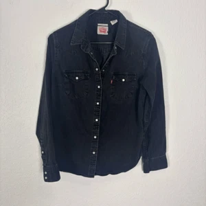 Levi's Black Denim Collared Button Down Shirt Jacket Women's Size Medium - Picture 1 of 6