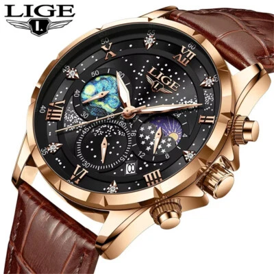 LIGE Men Watches Roman Numerals Luminous Chronograph Multifunction Wristwatch - Image 1 of 4