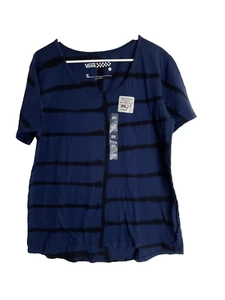 Vans off the wall Women's Blue Striped Short Sleeve T-Shirt Tee W/Pocket Size L - Picture 1 of 11