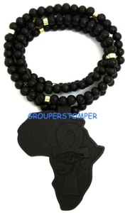Africa With Egyptian Eye On Ankh Wood Pendant Necklace 36 Inch Beaded Chain - Picture 1 of 5