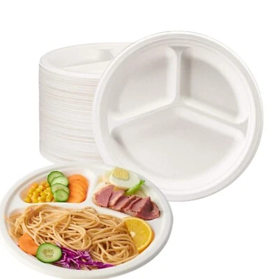 100% Compostable Disposable Paper Plate 3 Compartment 10"Heavy-Duty Paper Plates - Image 1 of 4
