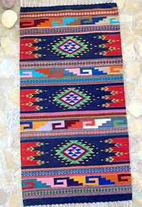 Zapotec Geometric Color Accent Rug 31 x 59 Inches Hand Woven Sheep Wool Tapestry - Picture 1 of 15