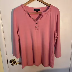 Karen Scott Sport Women XXL Pink 3/4 Sleeve Pullover V-Neck With Ruffles - Picture 1 of 8
