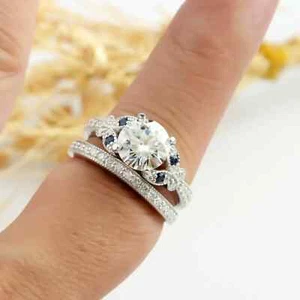 2.0Ct Round D/VVS1 Moissanite Bridal-Set Engagement Ring 14 White Gold Plated - Picture 1 of 8