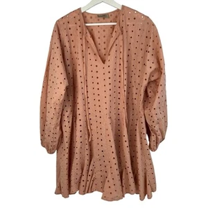 Asos Size 6 Mini Dress Textured Eyelet Hole Punch Peach Flare Long Sleeve Womans - Picture 1 of 12
