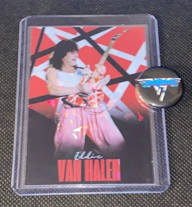 Eddie Van Halen Custom Holographic Refractor Card & Van Halen Band Pin Lot - Picture 1 of 5