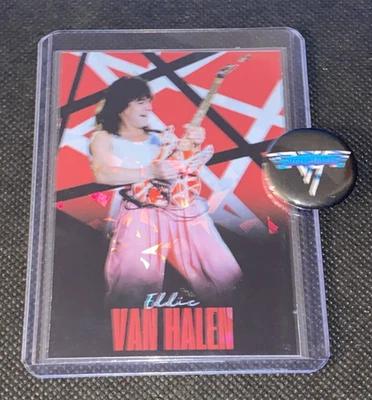 Eddie Van Halen Custom Holographic Refractor Card & Van Halen Band Pin Lot - Image 1 of 4