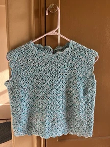 Chaleco Top Mujer Ganchillo Boho Hippie Mod Azul y Blanco De Colección Años 70 - Imagen 1 de 12