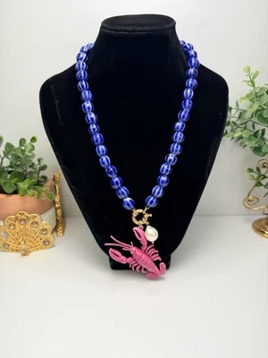 Lobster Necklace Zara Pearl Toggle Bead Blue Kitsch Gold Boho Animal Ceramic - Image 1 of 4