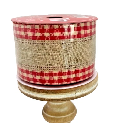 Red Tan Gingham check plaid Burlap Wired Christmas Holiday Ribbon 2.5" x 30 feet - Image 1 of 2