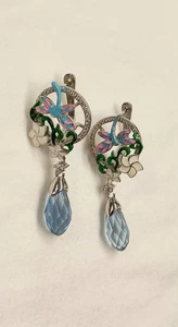 Silver DRAGONFLY & Plumeria Earrings Enamel Sterling 925 Pierced CZ Blue Drop - Picture 1 of 9