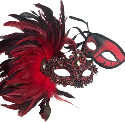 Lace Feather Masquerade Eye Mask Burlesque Mardi Gras Birthday Prom Dance Party - Image 1 of 4