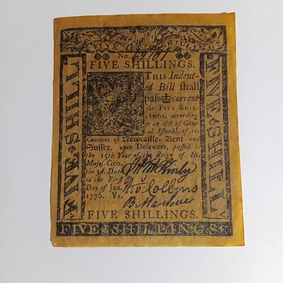 Vintage Reproduction Souvenir Delaware Five Shilling Note 1776 Parchment - Image 1 of 4