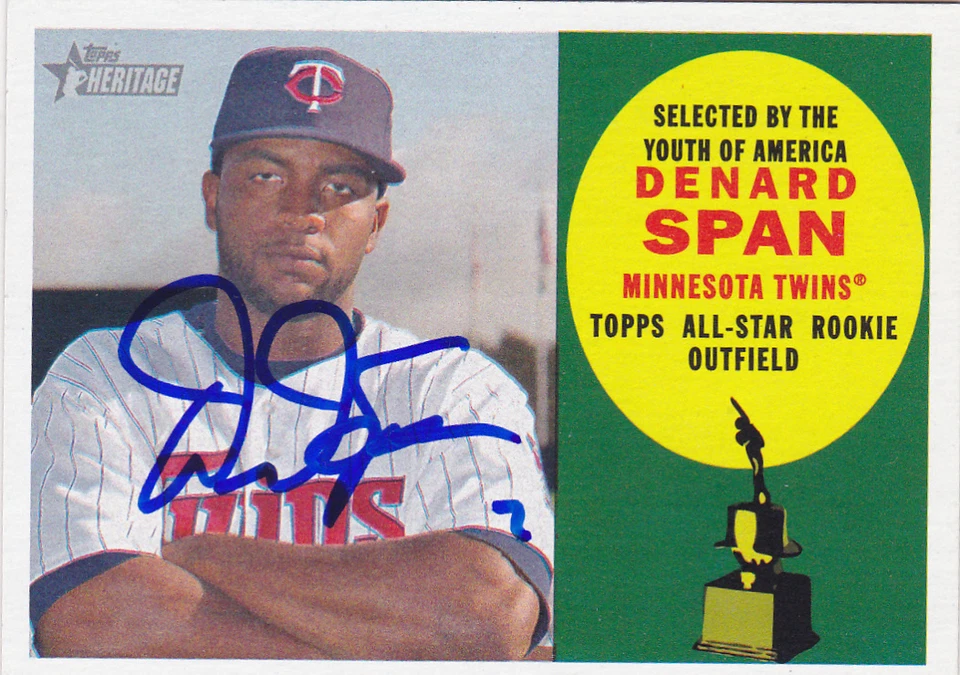TARJETA DE BÉISBOL FIRMADA POR DENARD SPAN MINNESOTA TWINS MARINEROS RAYS GIGANTES NACIONALES Foto 1 de 1
