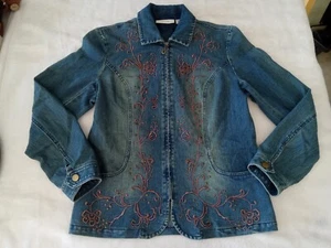 Size M, Tantrums Women's Denim Embroidered Flora Jeans Jacket, Zip up - Picture 1 of 9