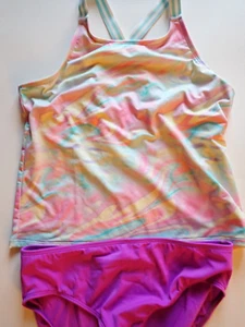 Girls Size 16 Lands End Swimsuit Tankini Two Piece Pastel Pink Purple Swimwear - Picture 1 of 22