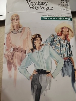 Vintage 80s Easy Very Vogue Shirt Pleated Blouse Pattern 7015 Sz 14/16/18 Uncut - Image 1 of 4