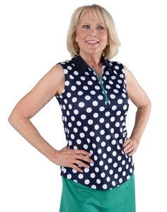 Jofit Appletini Printed Womens Sleeveless Golf Polo Size XL NWOT Navy Polka Dot - Picture 1 of 5