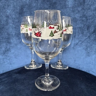3 件 Libbey 圣诞酒杯冬季乡村场景 12 盎司假日 — 第 1/4 张图片