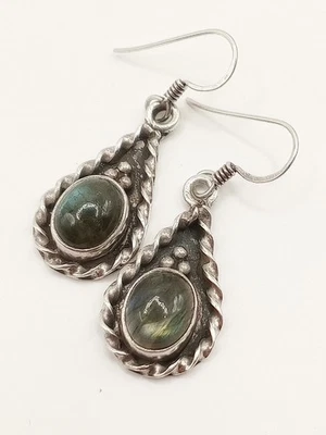 Orecchini Argento 925 Artigianale Goccia Cangiante Verde Labradorite Etnico - Immagine 1 di 4