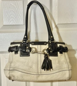 Coach F13084 Hampton White Pebbled Leather Black Braid Tassel Handbag - Picture 1 of 13