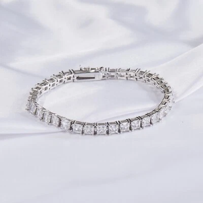 Tennis Riviera Bracciale Taglio Princess 5A Zircone Cubico Argento 4mm Largo - Immagine 1 di 4