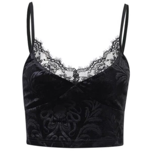 Women Black Camisole Gothic Punk Spaghetti Straps V-Neck Lace Crop Top - Picture 1 of 11