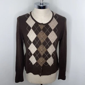 Apt. 9 100% Cashmere Argyle Cardigan Sweater Brown Tan Button Front Womens L - Picture 1 of 7