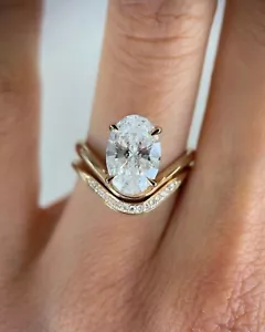 Oval Cut Moissanite Solitaire Ring With Matching Band Modern Wedding Ring Set - Picture 1 of 10