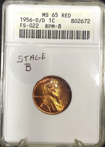 1956-D/D FS-022 RPM 8 STAGE B OLD ANACS SLAB MS65RED LINCOLN WHEAT CENT ~ RARE Cover