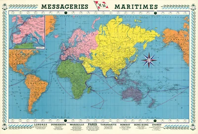 World Map of M. M. Messageries Maritimes Time Zones Shipping Timezone Wall Poste - Image 1 of 3