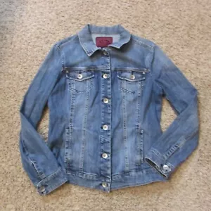 Rosa Äpfel groß blau Denim Jeans Jacke Taschen Knopf vorne verblasst Denim - Bild 1 von 2