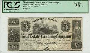 1839 Feb 13 $5 Mississippi & Alabama Real Estate Co Haxby 65-G12 PCGS VF30 - Picture 1 of 2