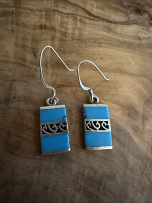 Прямоугольные серьги-подвески с бирюзой и серебром 925 - Изображение 1 из 3