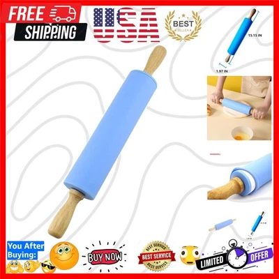Rodillo de silicona con mango de madera - Rodillo de masa de superficie antiadherente... Foto 1 de 4