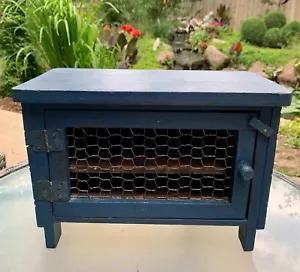 MCM Small Rustic Primitive Painted Cabinet Shelf Chicken Wire Farmhouse Blue - Picture 1 of 11