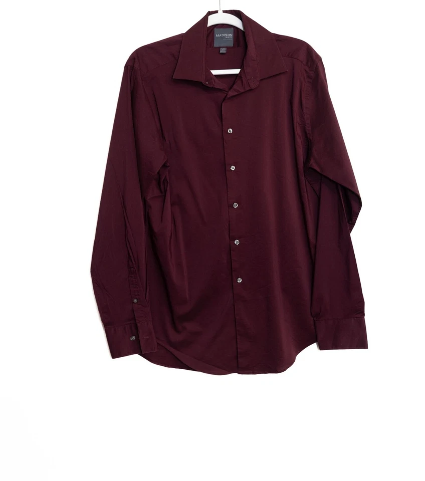 Camisa de vestir Madison ajustada para hombre borgoña con botones talla L ajustada Foto 1 de 4