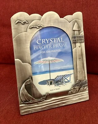 Pewter Picture Frame Decorative Beach Lighthouse Boat theme 4x6” Photo EUC - Image 1 of 4