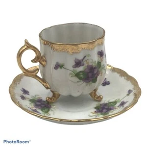 Vintage Footed Tea Cup and Saucer Gold Trim Sweet Violets Ew 8/691 3 Legs - Picture 1 of 10