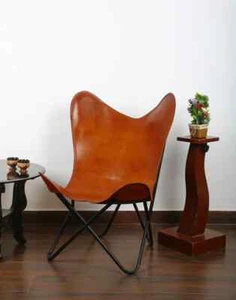 Brown Handmade New Vintage Chair Butterfly Leather Chair With Stand - Picture 1 of 7