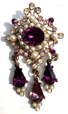 VTG Victorian Style Gold Tone Dangle Amethyst Glass Faux Seed Pearls 2.5" BROOCH