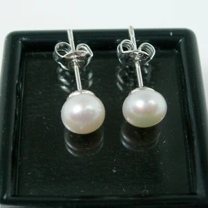 Genuine 925 Sterling Silver 6mm Round Button White Pearl Gemstone Stud Earrings - Picture 1 of 4
