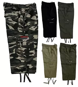 Mens Plain 3/4 Combat Long Length Shorts Elasticated Waist Cargo Three Quarter - Picture 1 of 8