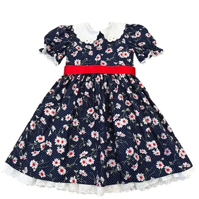 Vintage Sarah Louise Girls Navy Blue Daisy Dress Eyelet Detail 5 - Image 1 of 4