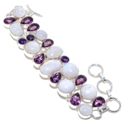 Natural Rainbow Moonstone, Amethyst Gemstone 925 Sterling Silver Bracelet s006 - Image 1 of 4