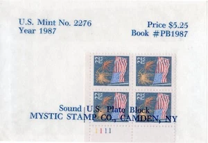 Scott #2276 Flag & Fireworks Plate Block of 4 Stamps - Mystic - Picture 1 of 3