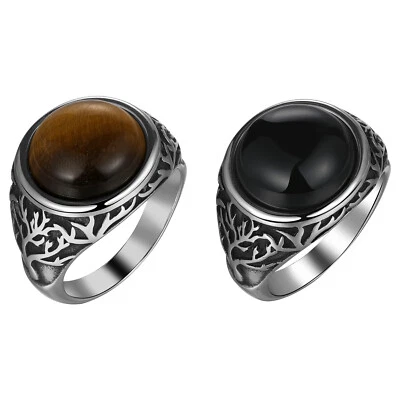 Anillo de boda vintage de piedras preciosas de ónix ojo de tigre árbol de la vida para hombre talla 7-12 Foto 1 de 4