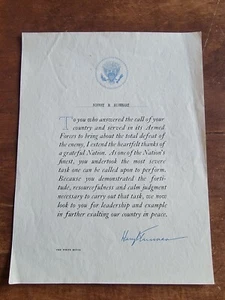 Carta de agradecimiento de Harry Truman firmada 1945 después de la Segunda Guerra Mundial por las Fuerzas Armadas - Imagen 1 de 2