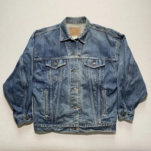 Vintage 90s Levis Trucker Jacket Medium Orange Tab Denim Blue Jean Made USA - Picture 1 of 13