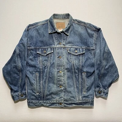 复古 90 年代 Levis 卡车司机夹克中号橙色标签牛仔蓝色牛仔裤美国制造 — 第 1/4 张图片